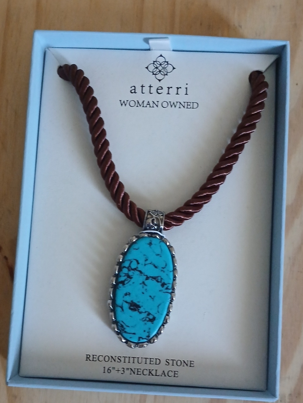 Atterri Woman Owned Turquoise Oval Pendant Necklace Brown Satin Rope 16"+3"